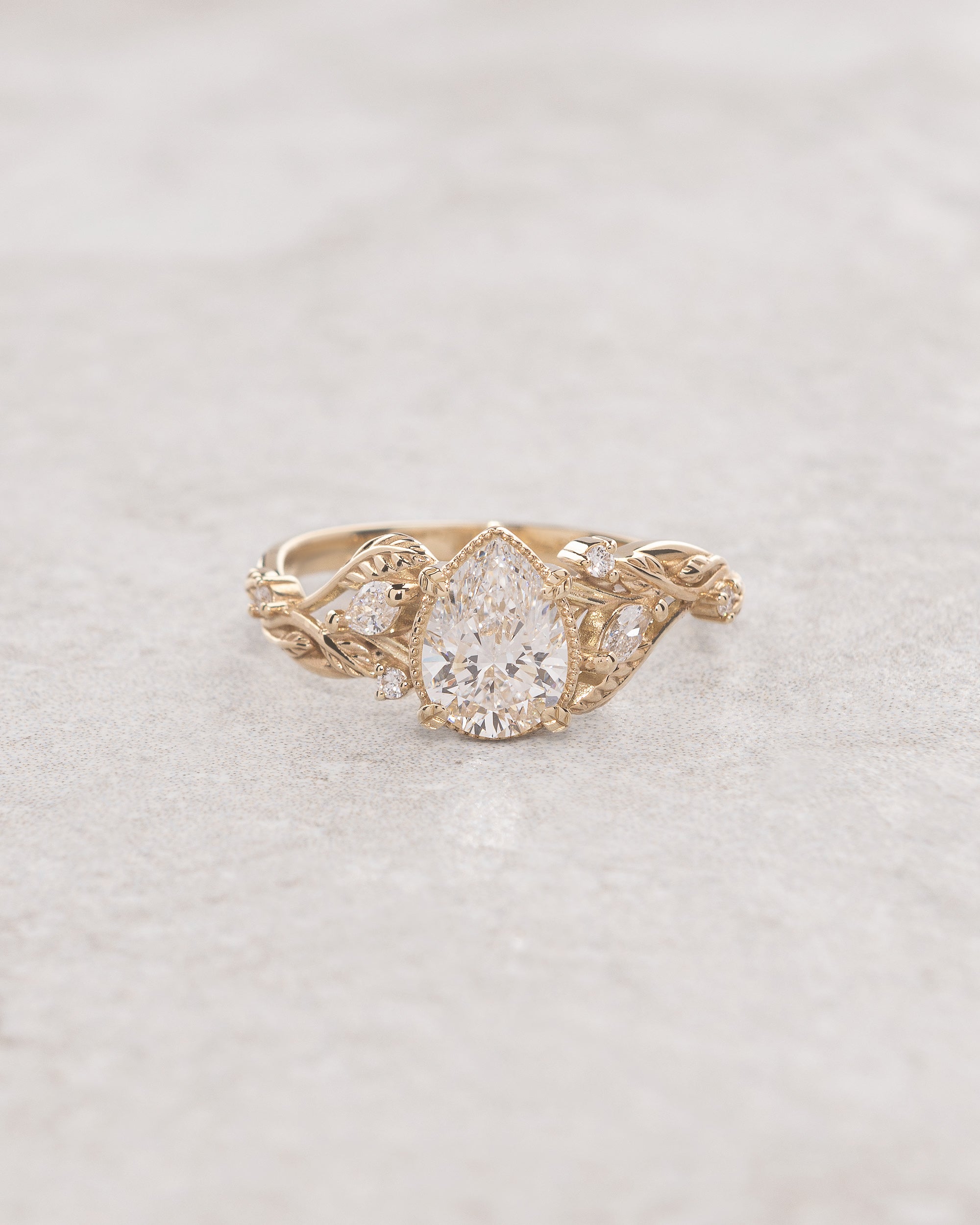 Pear lab grown diamond engagement ring, white gold nature inspired ring with leaves and diamonds / Patricia - Eden Garden Jewelry™