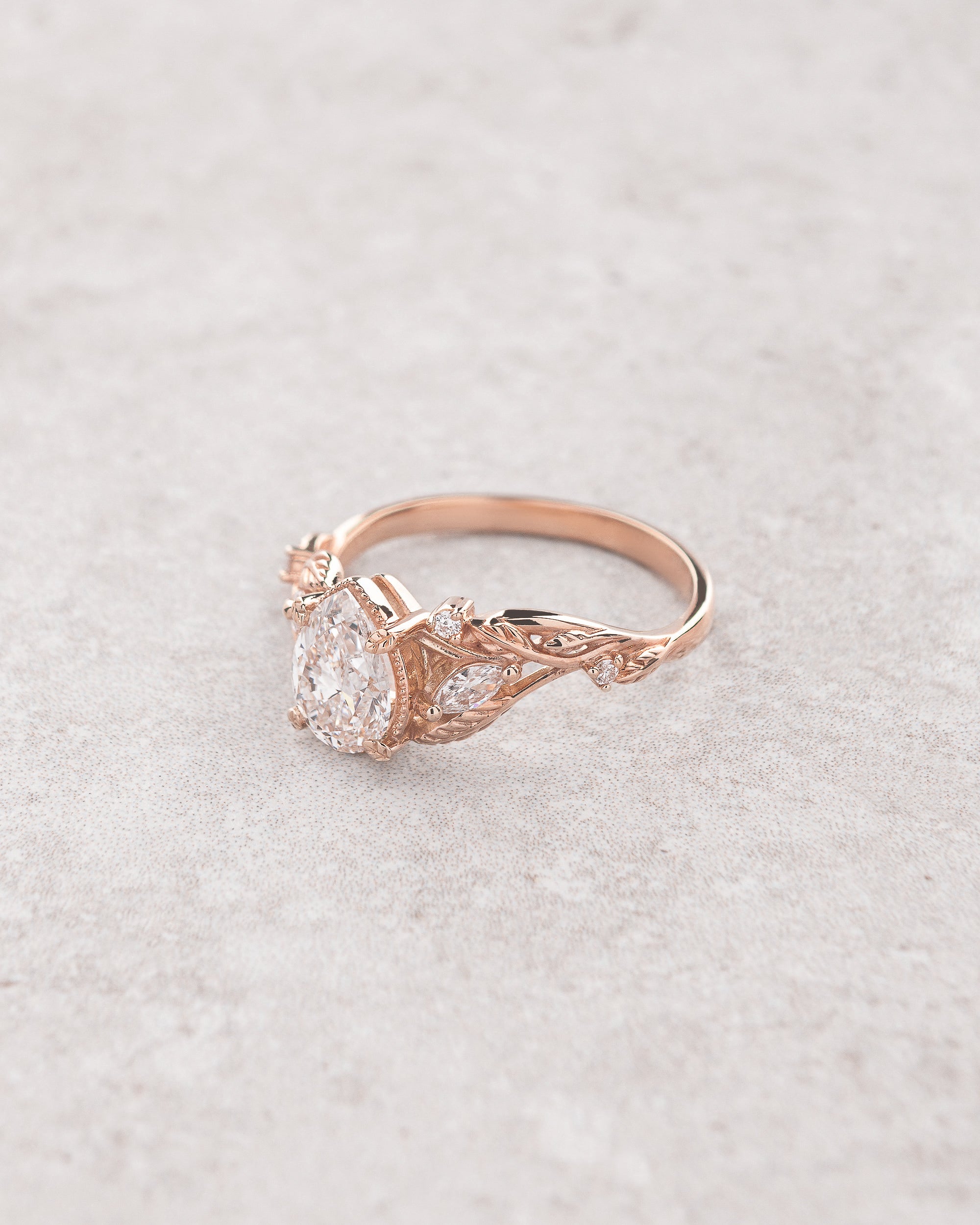 Pear lab grown diamond engagement ring, white gold nature inspired ring with leaves and diamonds / Patricia - Eden Garden Jewelry™