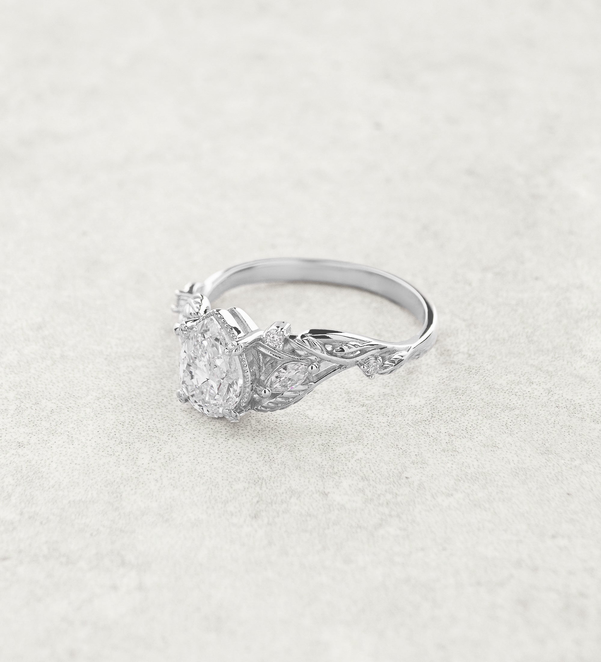 Pear lab grown diamond engagement ring, white gold nature inspired ring with leaves and diamonds / Patricia - Eden Garden Jewelry™