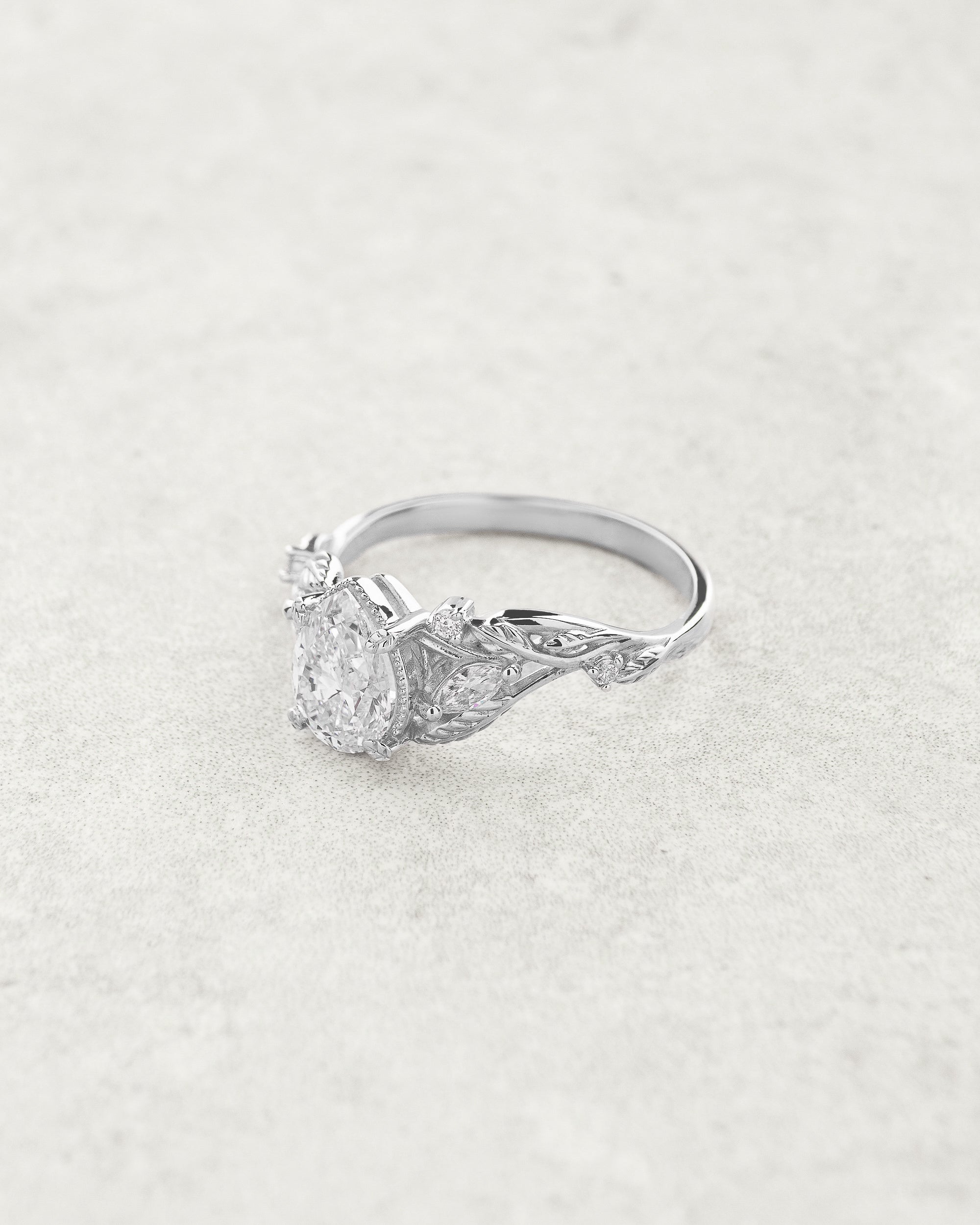 Pear lab grown diamond engagement ring, white gold nature inspired ring with leaves and diamonds / Patricia - Eden Garden Jewelry™