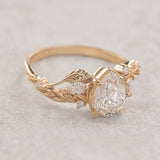 Pear lab grown diamond engagement ring, white gold nature inspired ring with leaves and diamonds / Patricia - Eden Garden Jewelry™