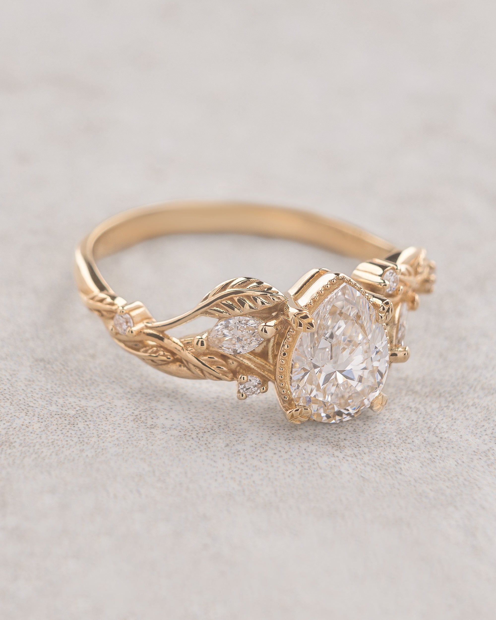 Pear lab grown diamond engagement ring, white gold nature inspired ring with leaves and diamonds / Patricia - Eden Garden Jewelry™