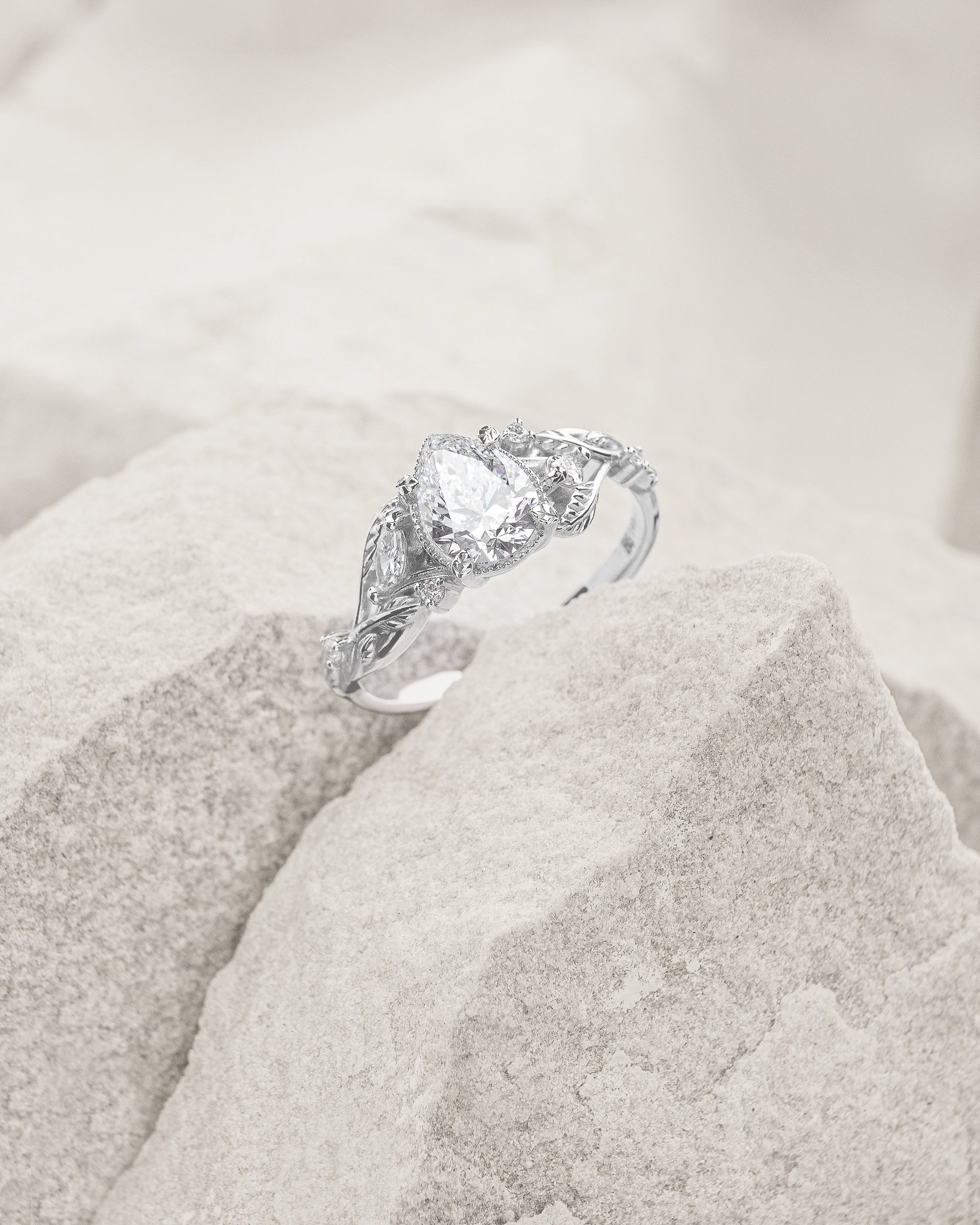 Pear lab grown diamond engagement ring, white gold nature inspired ring with leaves and diamonds / Patricia - Eden Garden Jewelry™