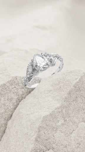 Pear lab grown diamond engagement ring, white gold nature inspired ring with leaves and diamonds / Patricia - Eden Garden Jewelry™