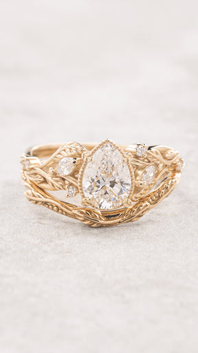 Lab grown diamond bridal ring set, nature engagement ring with twig wedding band / Patricia - Eden Garden Jewelry™