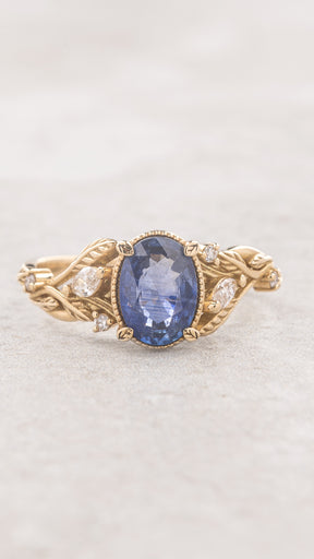 READY TO SHIP: Patricia ring in 18K yellow gold, natural vivid blue sapphire 8x6 mm, accent lab grown diamonds, AVAILABLE RING SIZES: 5.5 - 8.5 US - Eden Garden Jewelry™