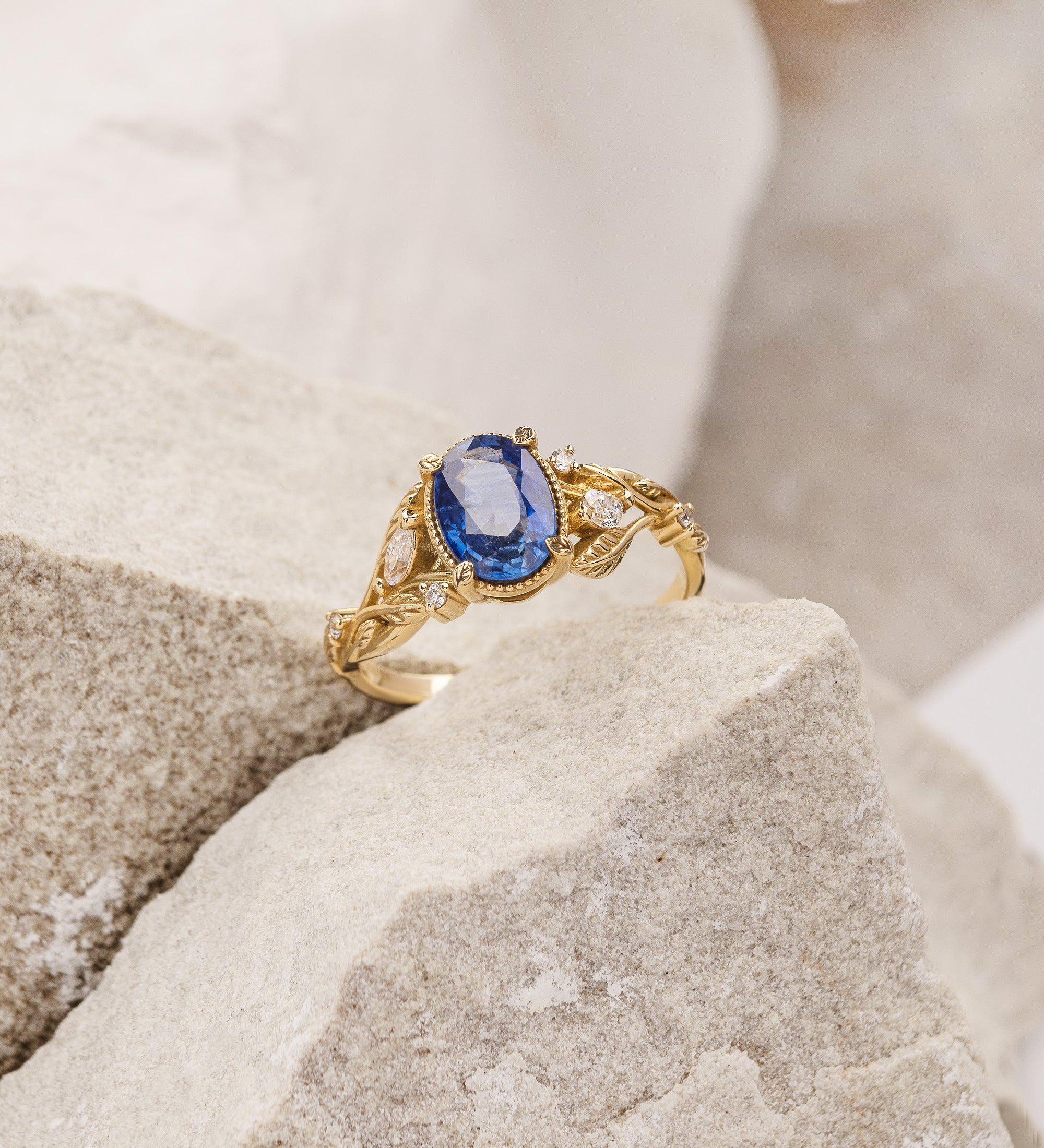 READY TO SHIP: Patricia ring in 18K yellow gold, natural vivid blue sapphire 8x6 mm, accent lab grown diamonds, AVAILABLE RING SIZES: 5.5 - 8.5 US - Eden Garden Jewelry™