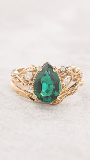 Big lab emerald & Curved twig wedding band bridal ring set  with diamonds / Patricia - Eden Garden Jewelry™