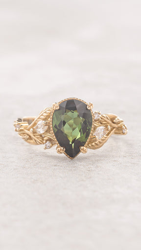 Big vivid green tourmaline engagement ring, nature inspired gold ring with accent diamonds / Patricia - Eden Garden Jewelry™