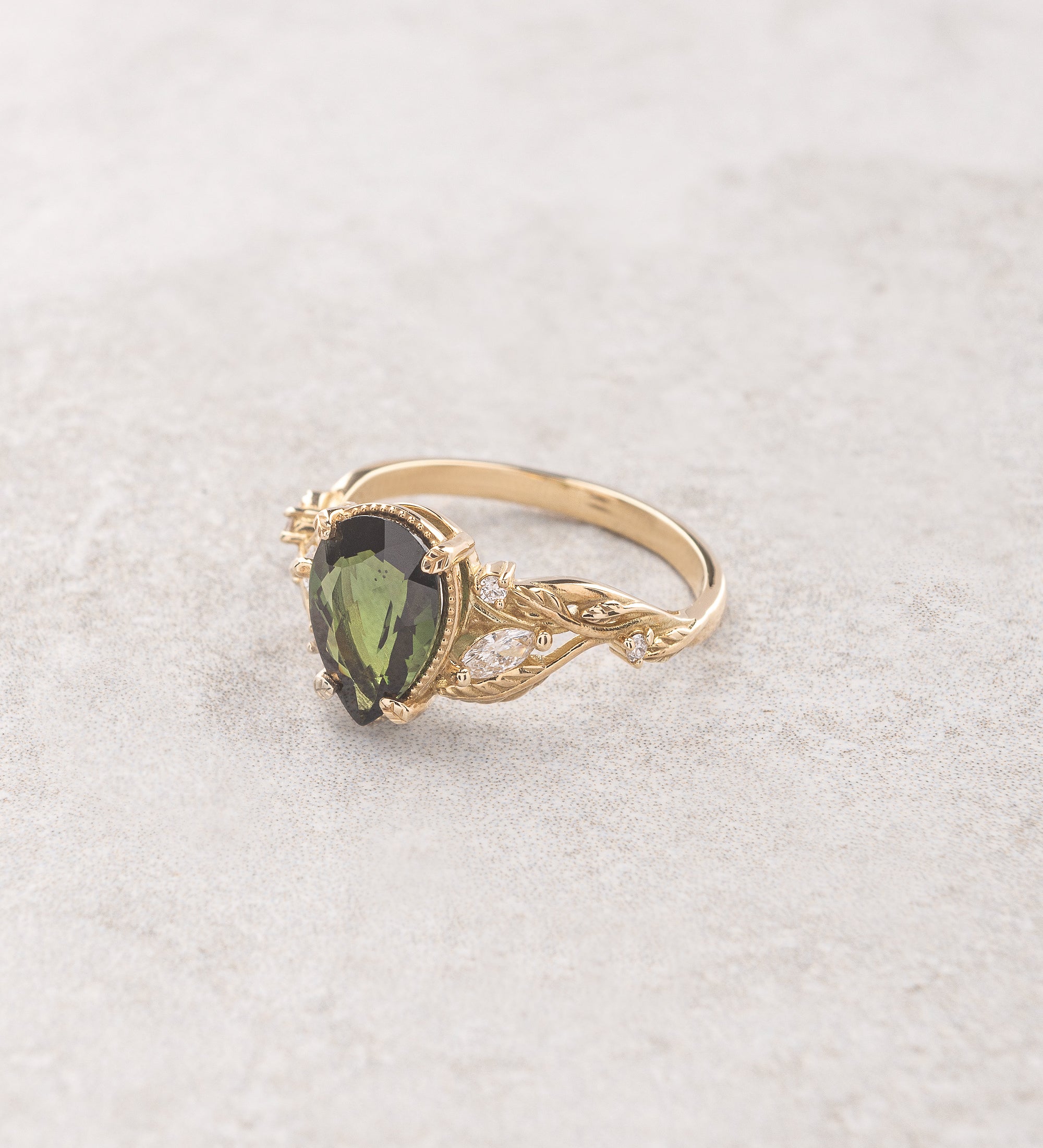 READY TO SHIP: Patricia ring in 14K yellow gold, natural tourmaline pear cut 10x7 mm, accent lab diamonds, AVAILABLE RING SIZES: 5 - 8 US - Eden Garden Jewelry™