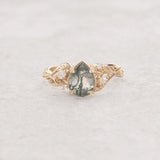 One of a kind moss agate engagement ring set, white gold twig stacking rings with diamonds / Patricia