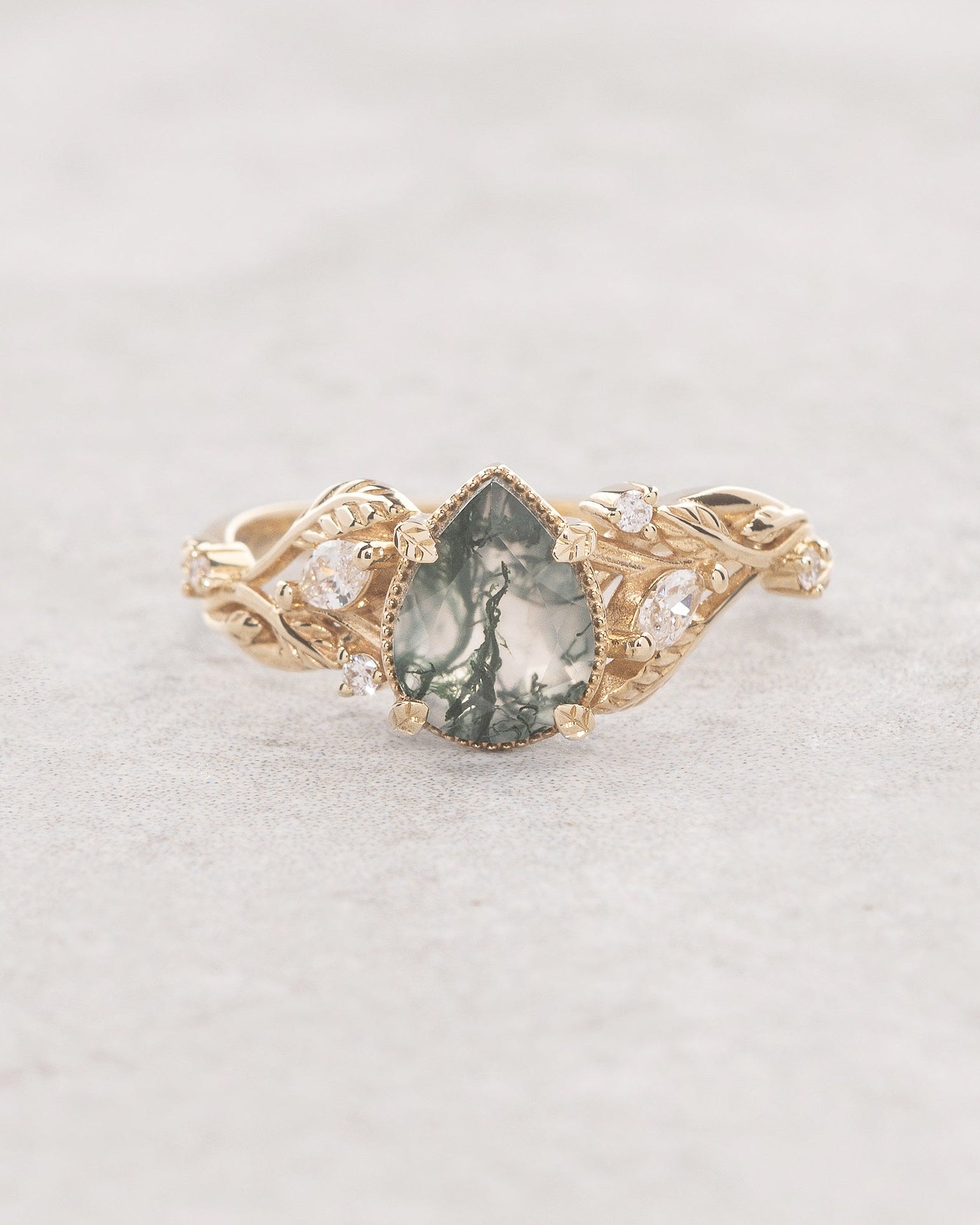 Elvish engagement ring with moss agate and diamonds, gold leaf branch proposal ring / Patricia - Eden Garden Jewelry™