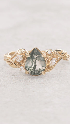 Elvish engagement ring with moss agate and diamonds, gold leaf branch proposal ring / Patricia - Eden Garden Jewelry™