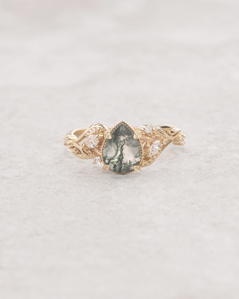 Elvish engagement ring with moss agate and diamonds, gold leaf branch proposal ring / Patricia - Eden Garden Jewelry™