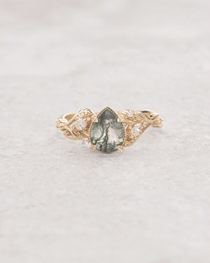 Elvish engagement ring with moss agate and diamonds, gold leaf branch proposal ring / Patricia