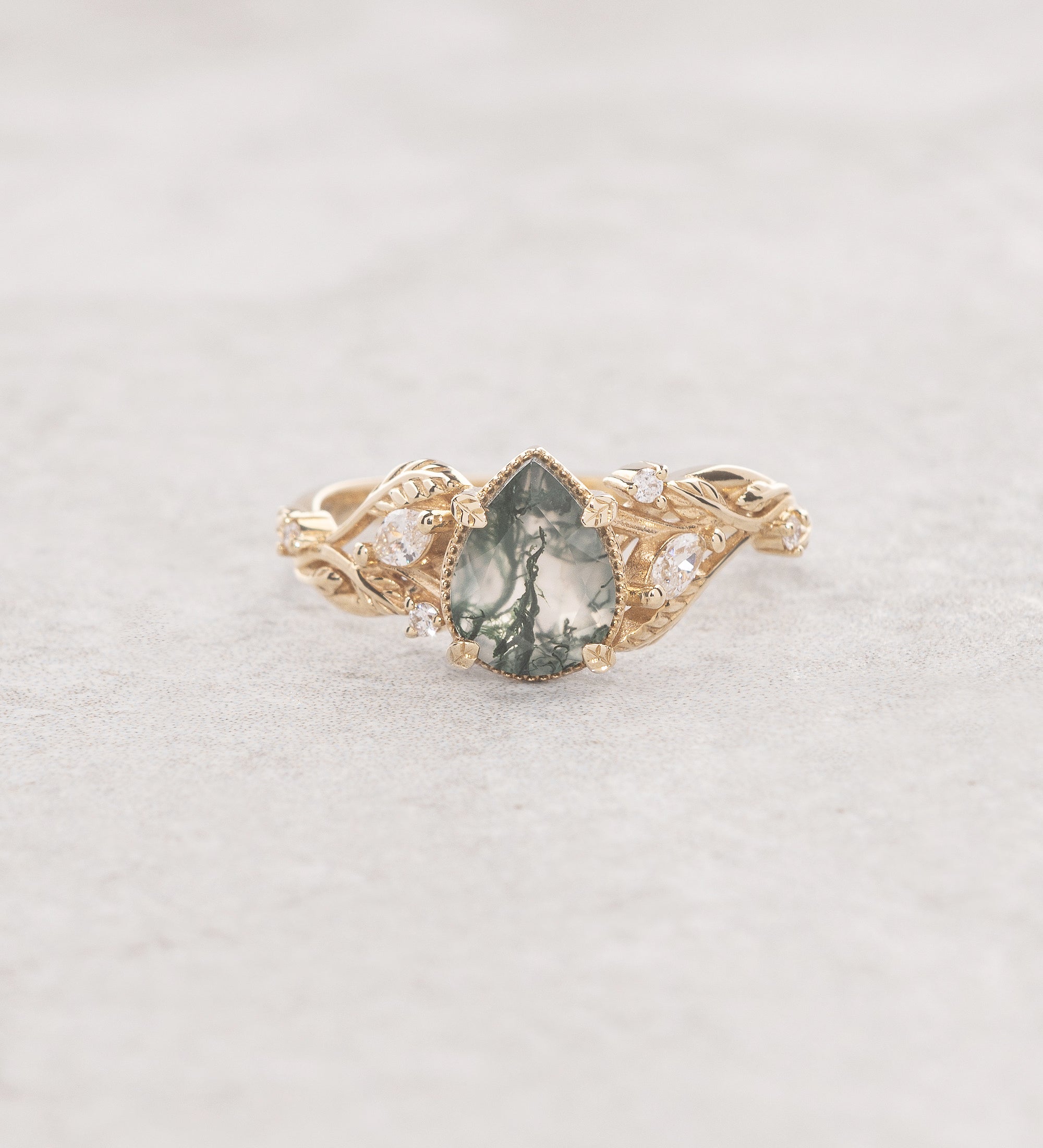 READY TO SHIP: Patricia ring in 14K or 18K yellow gold, natural moss agate pear cut 8x6 mm, accent moissanites, AVAILABLE RING SIZES: 4 - 9 US - Eden Garden Jewelry™