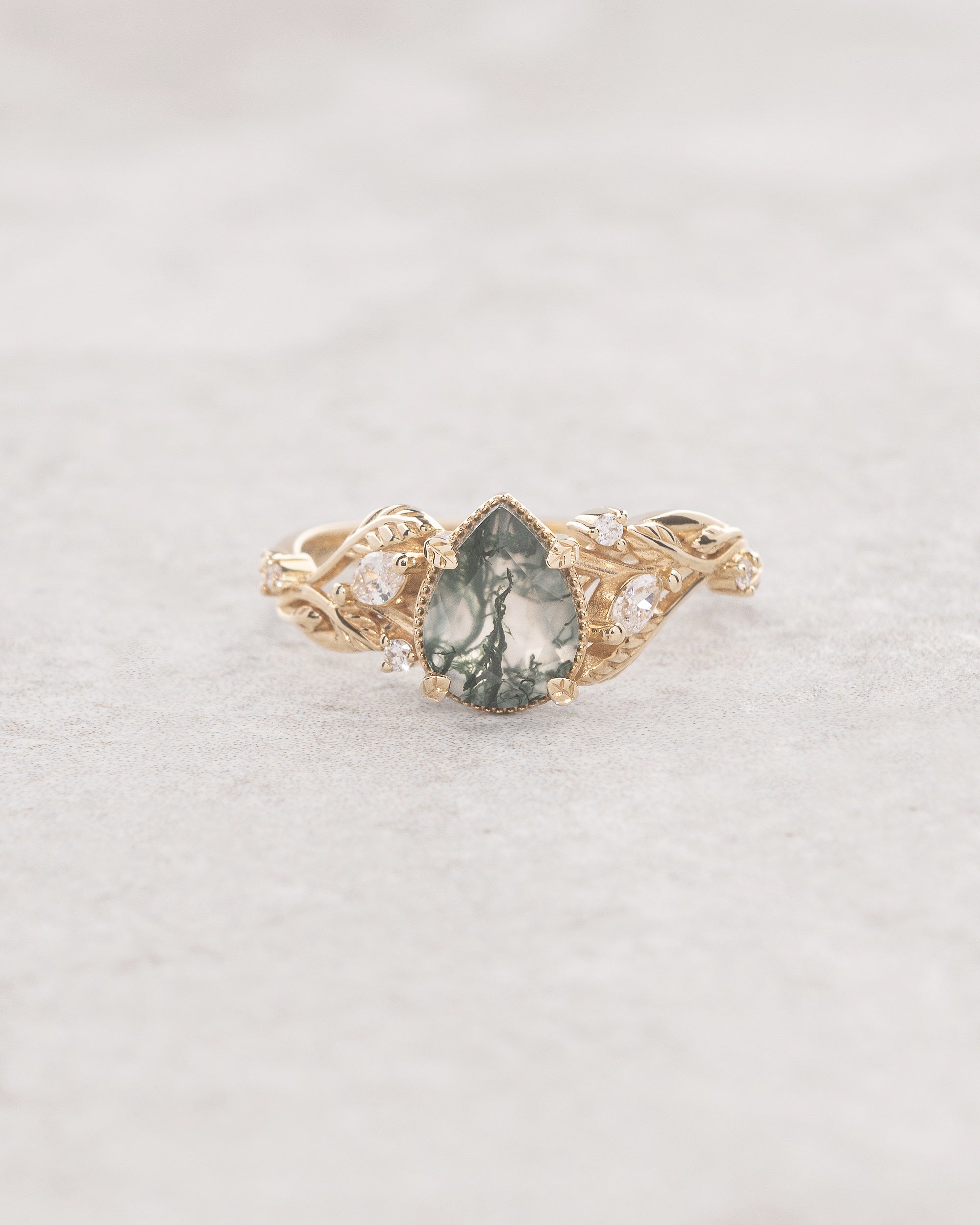 READY TO SHIP: Patricia ring in 14K or 18K yellow gold, natural moss agate pear cut 8x6 mm, accent moissanites, AVAILABLE RING SIZES: 4 - 9 US - Eden Garden Jewelry™