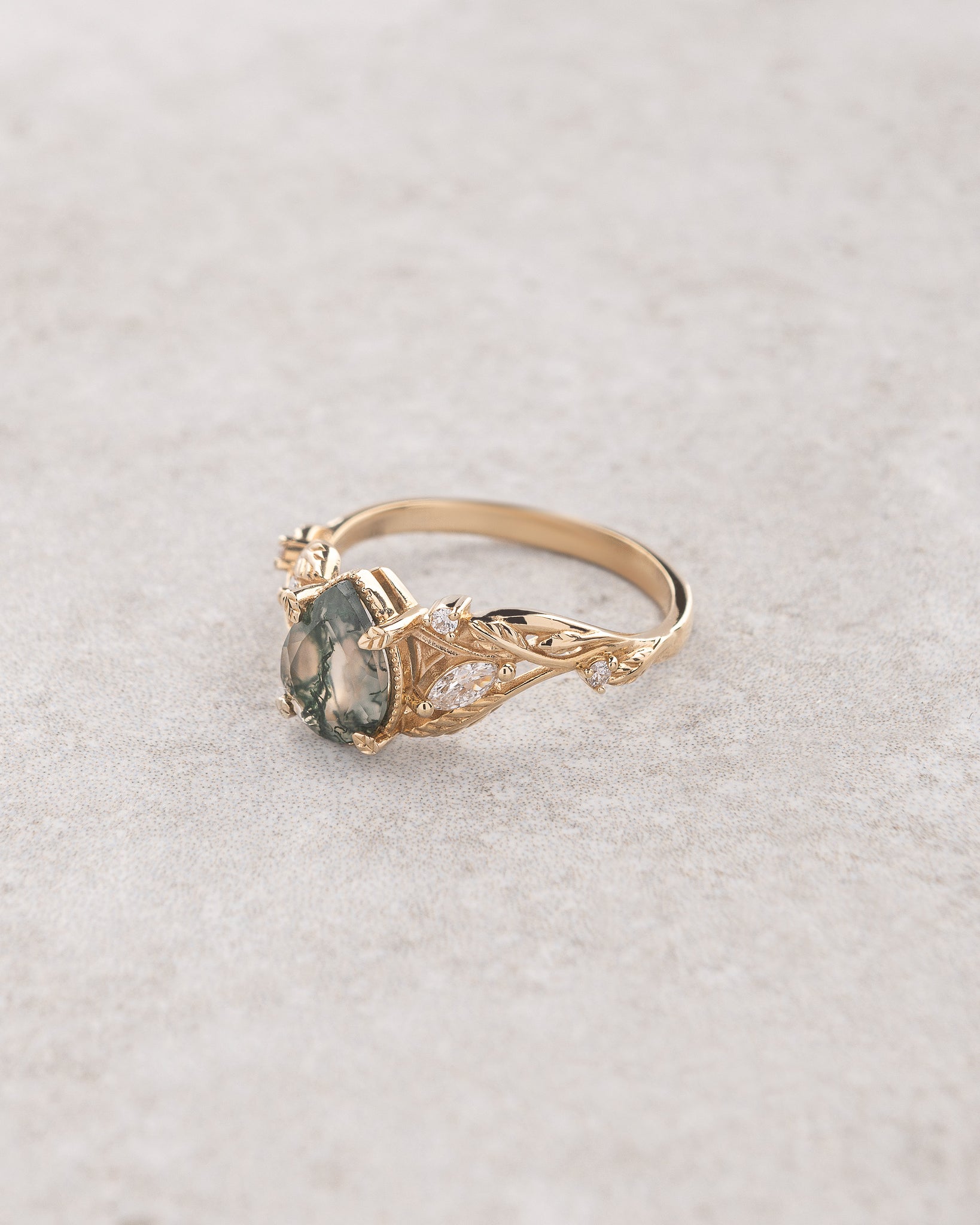 Elvish engagement ring with moss agate and diamonds, gold leaf branch proposal ring / Patricia