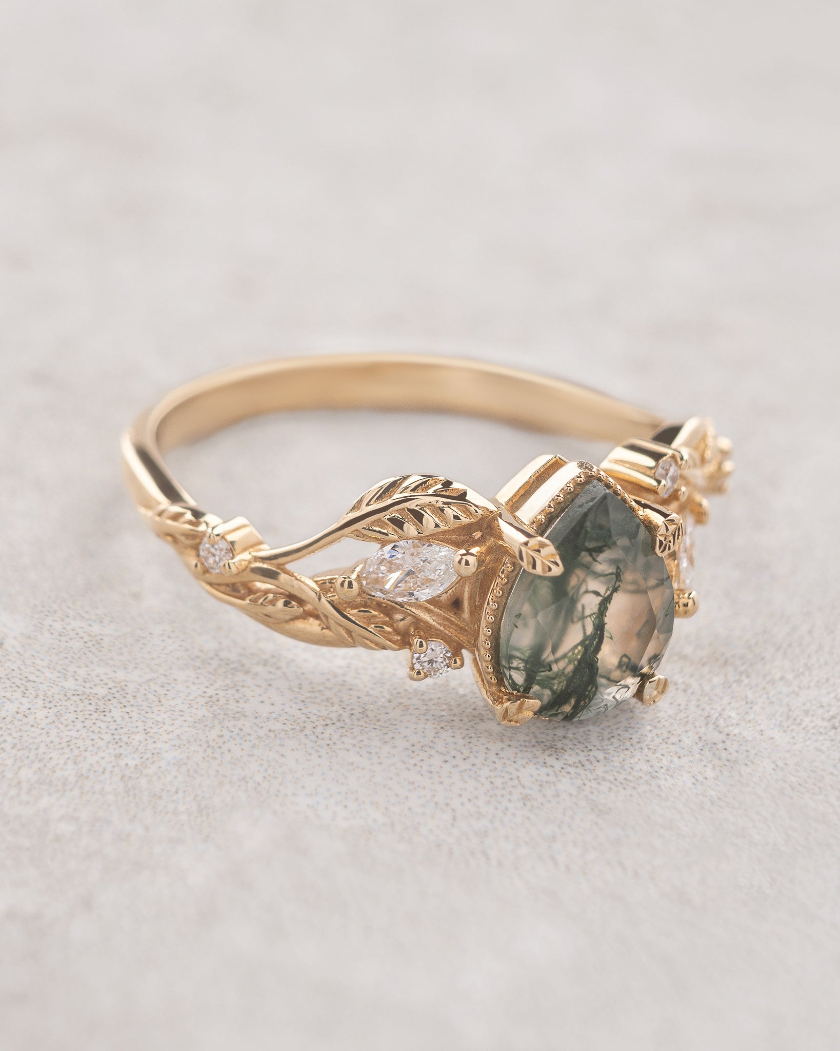 Elvish engagement ring with moss agate and diamonds, gold leaf branch proposal ring / Patricia