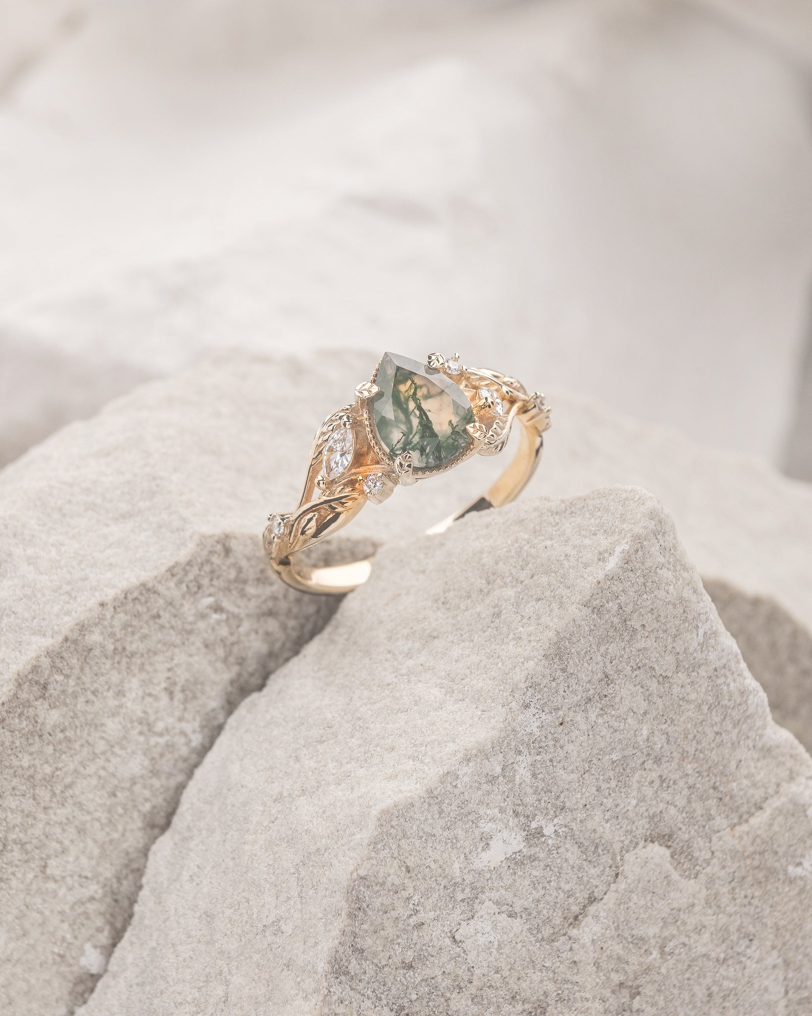 Elvish engagement ring with moss agate and diamonds, gold leaf branch proposal ring / Patricia