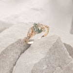 READY TO SHIP: Patricia ring in 14K or 18K yellow gold, natural moss agate pear cut 8x6 mm, accent moissanites, AVAILABLE RING SIZES: 4 - 9 US - Eden Garden Jewelry™