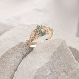 READY TO SHIP: Patricia ring in 14K or 18K yellow gold, natural moss agate pear cut 8x6 mm, accent moissanites, AVAILABLE RING SIZES: 4 - 9 US - Eden Garden Jewelry™