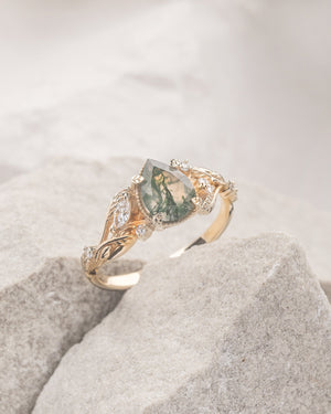 READY TO SHIP: Patricia ring in 14K or 18K yellow gold, natural moss agate pear cut 8x6 mm, accent moissanites, AVAILABLE RING SIZES: 4 - 10 US