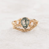 One of a kind moss agate engagement ring set, white gold twig stacking rings with diamonds / Patricia