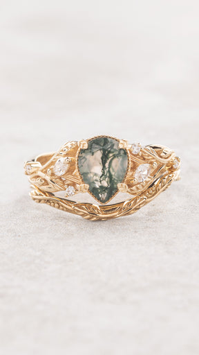 Moss agate and marquise diamonds engagement ring set, gold branch ring with diamonds / Patricia - Eden Garden Jewelry™