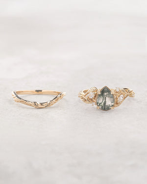 Elvish engagement ring with moss agate and diamonds, gold leaf branch proposal ring / Patricia