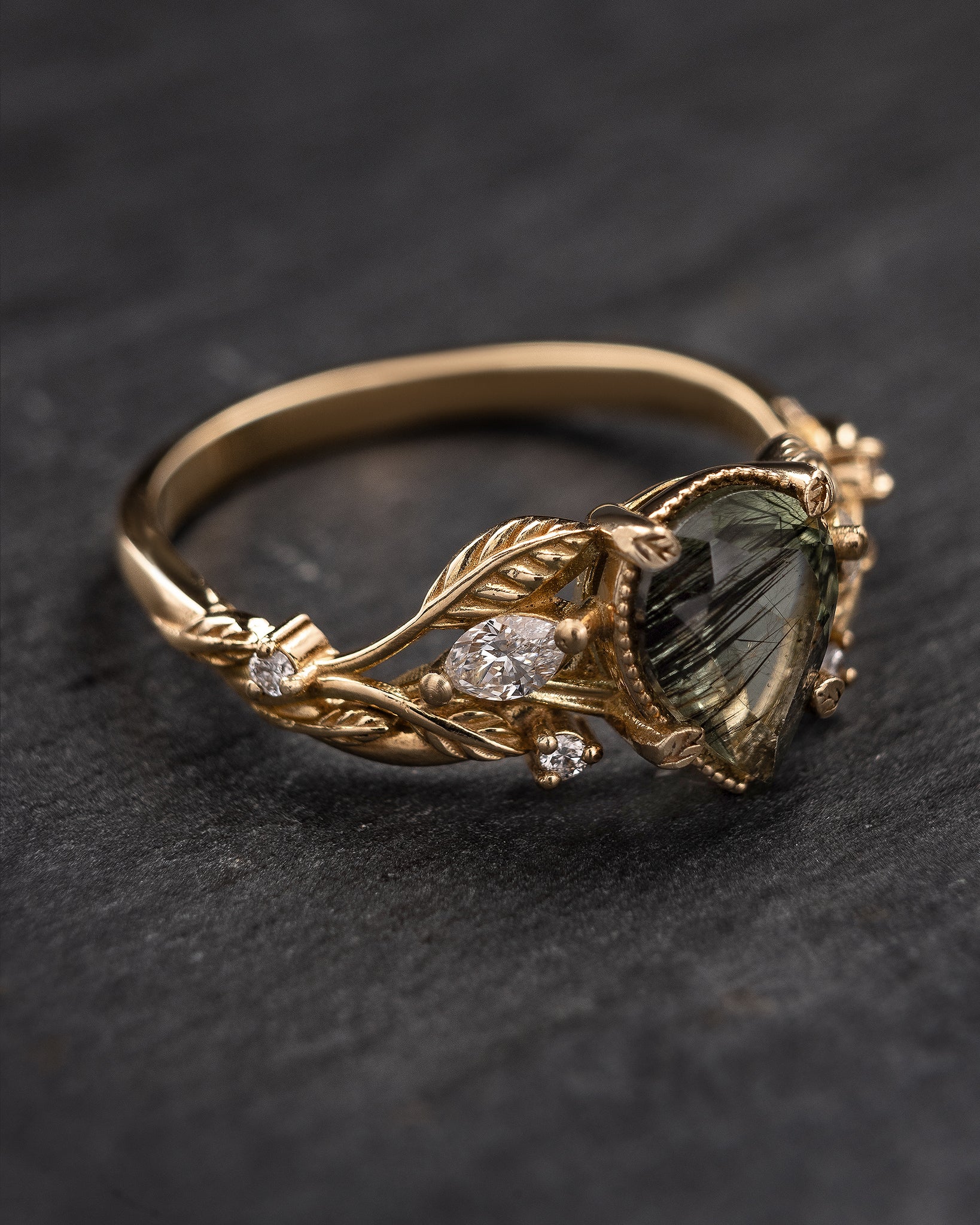 Unique gemstone engagement ring with rutile peridot / Patricia