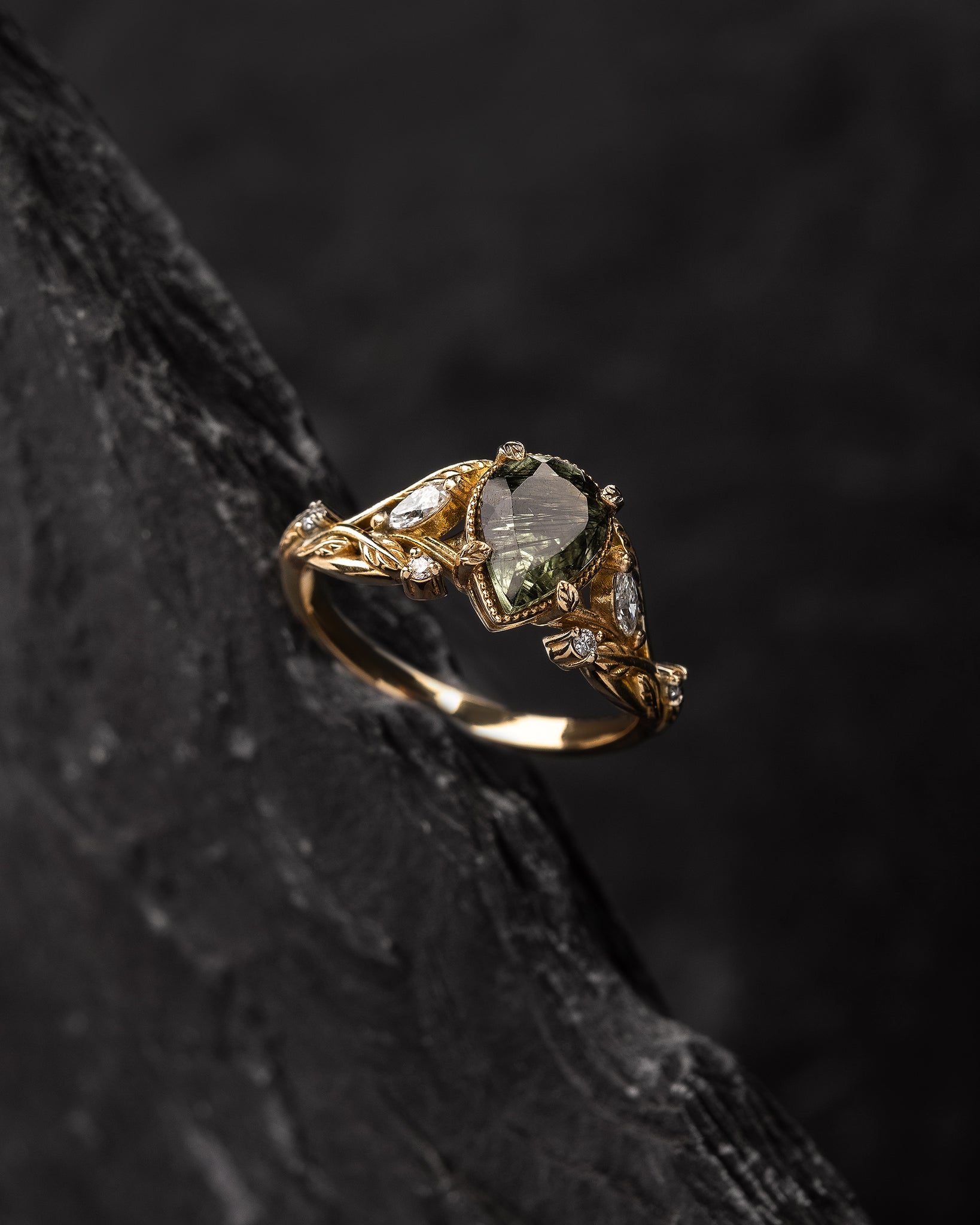 Unique gemstone engagement ring with rutile peridot / Patricia