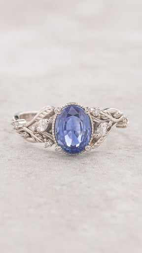 Natural blue sapphire engagement ring, gold leaves and diamonds promise ring / Patricia - Eden Garden Jewelry™