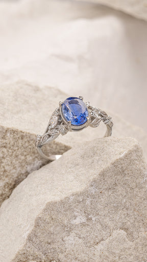 1.5 carat blue sapphire engagement ring, gold leaves and vines ring / Patricia - Eden Garden Jewelry™