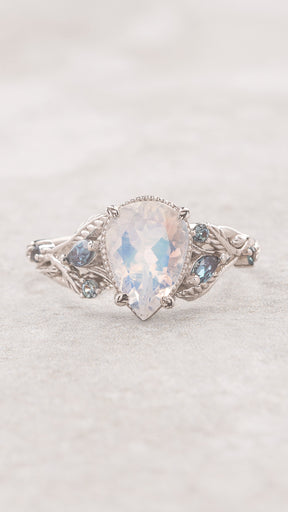 Natural moonstone and accent alexandrites engagement ring, vines and leaves white gold ring / Patricia - Eden Garden Jewelry™