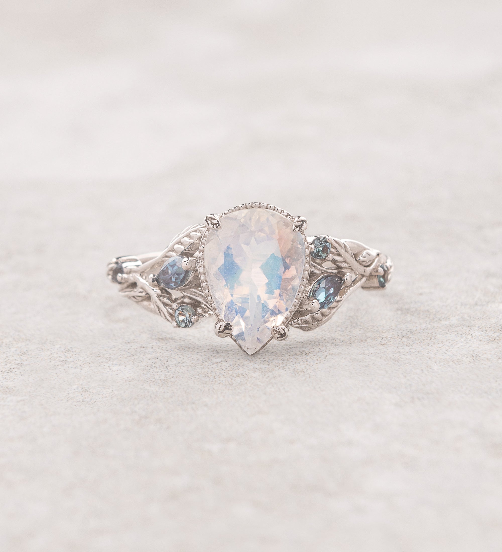 READY TO SHIP: Patricia ring in 14K white gold, natural moonstone pear cut 10x7 mm, accent lab alexandrites, AVAILABLE RING SIZES: 5 - 8 US - Eden Garden Jewelry™