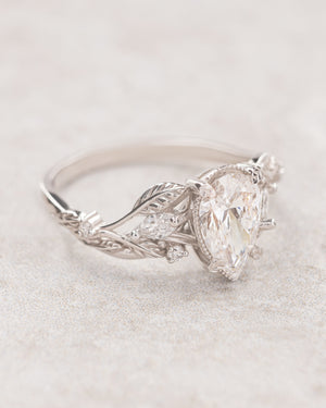 Pear lab grown diamond engagement ring, white gold vines and leaves ring with diamonds / Patricia