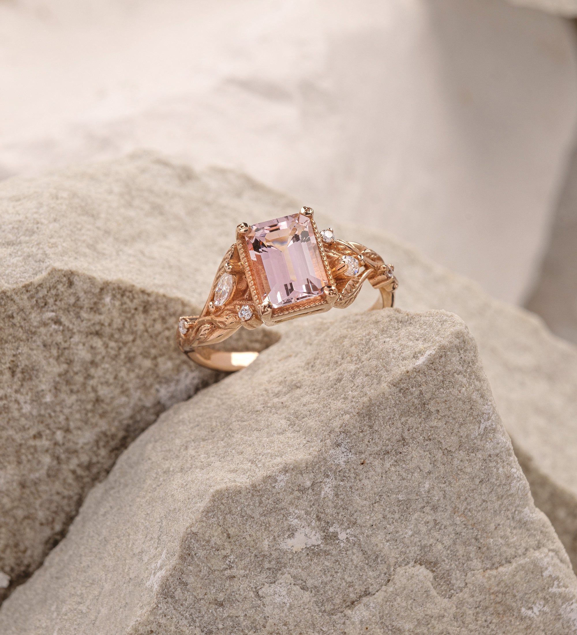 Emerald cut Morganite Engagement Ring Gold Twig Leaf Ring – Eden