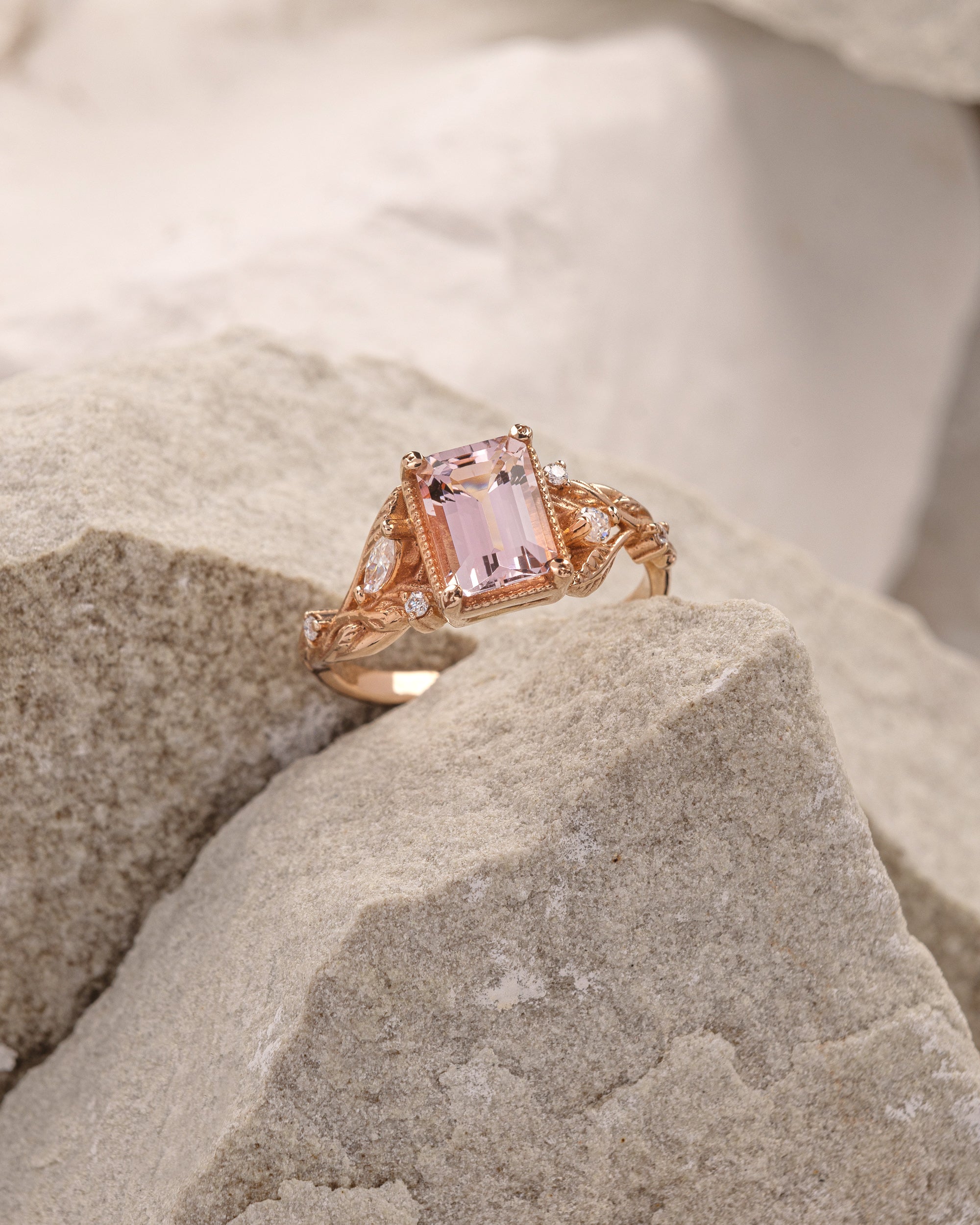Emerald cut Morganite Engagement Ring Gold Twig Leaf Ring β Eden