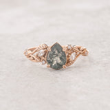 One of a kind moss agate engagement ring set, white gold twig stacking rings with diamonds / Patricia