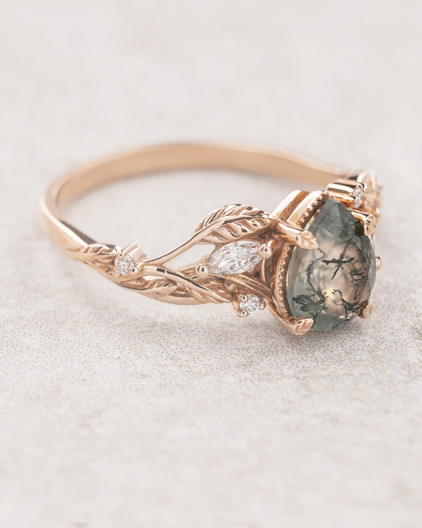 Elvish engagement ring with moss agate and diamonds, gold leaf branch proposal ring / Patricia