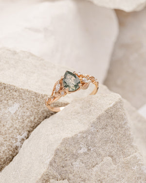 Elvish engagement ring with moss agate and diamonds, gold leaf branch proposal ring / Patricia