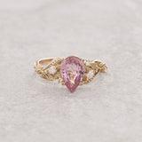 Natural pink spinel engagement ring, gold nature inspired engagement ring with leaves and diamonds / Patricia