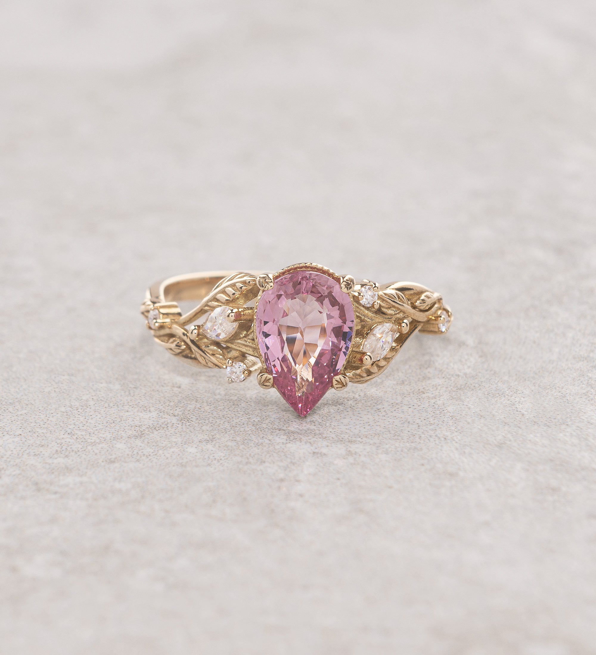Natural pink spinel engagement ring, gold nature inspired engagement ring with leaves and diamonds / Patricia - Eden Garden Jewelry™