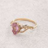 Natural pink spinel engagement ring, gold nature inspired engagement ring with leaves and diamonds / Patricia