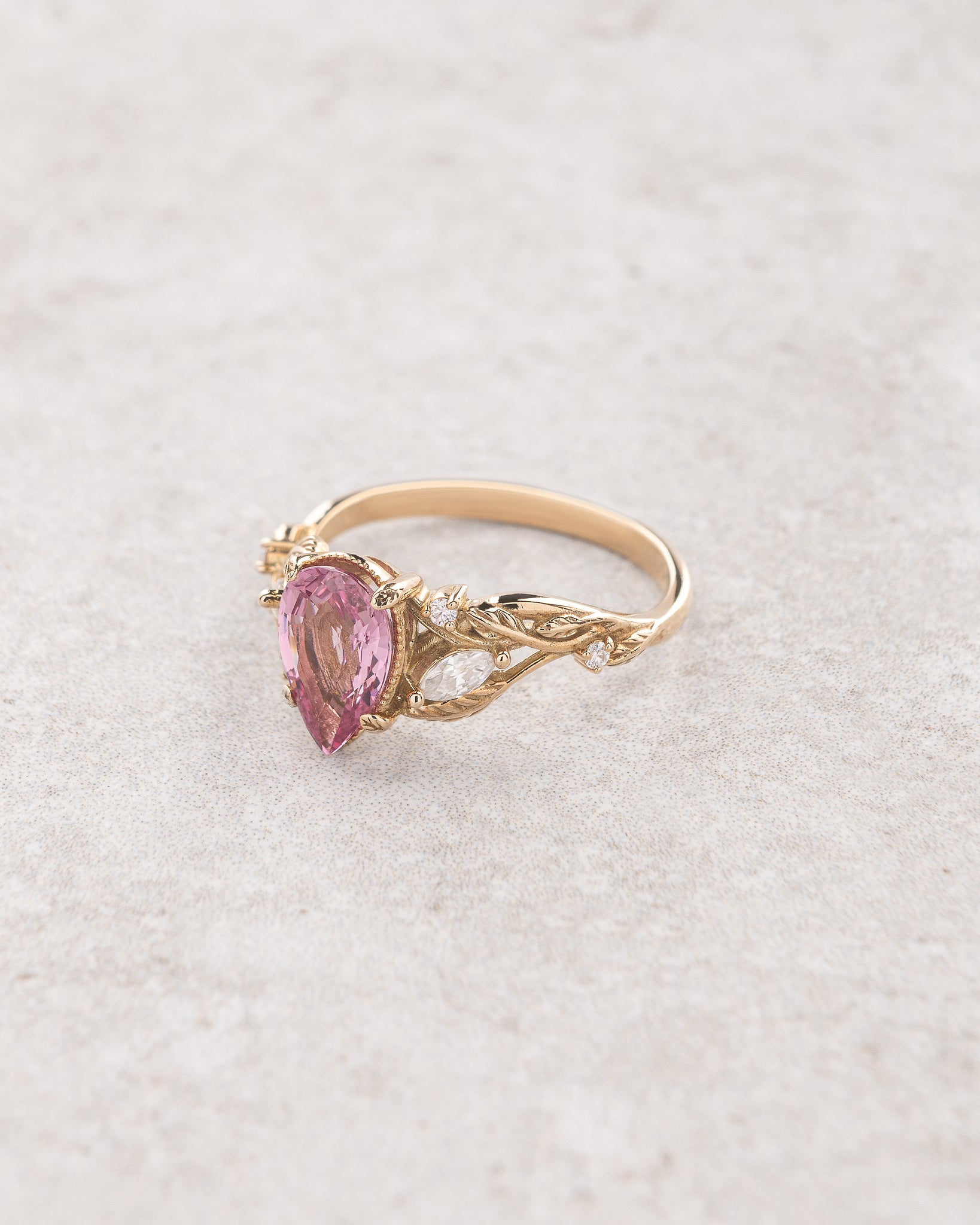 Natural pink spinel engagement ring, gold nature inspired engagement ring with leaves and diamonds / Patricia