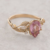 Natural pink spinel engagement ring, gold nature inspired engagement ring with leaves and diamonds / Patricia