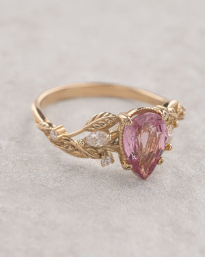 Natural pink spinel engagement ring, gold nature inspired engagement ring with leaves and diamonds / Patricia