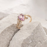 Natural pink spinel engagement ring, gold nature inspired engagement ring with leaves and diamonds / Patricia