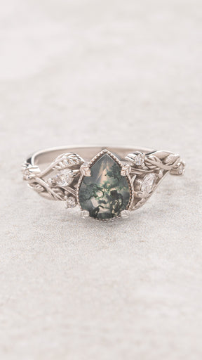 Unique moss agate engagement ring with diamonds, nature themed leaves and diamonds ring / Patricia - Eden Garden Jewelry™